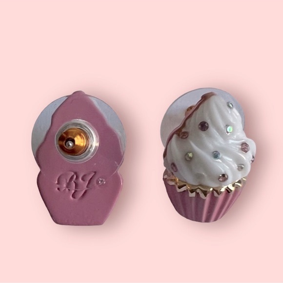 NWT BETSEY JOHNSON PINK CUPCAKE PINK BLING STUD EARRINGS - Picture 2 of 5